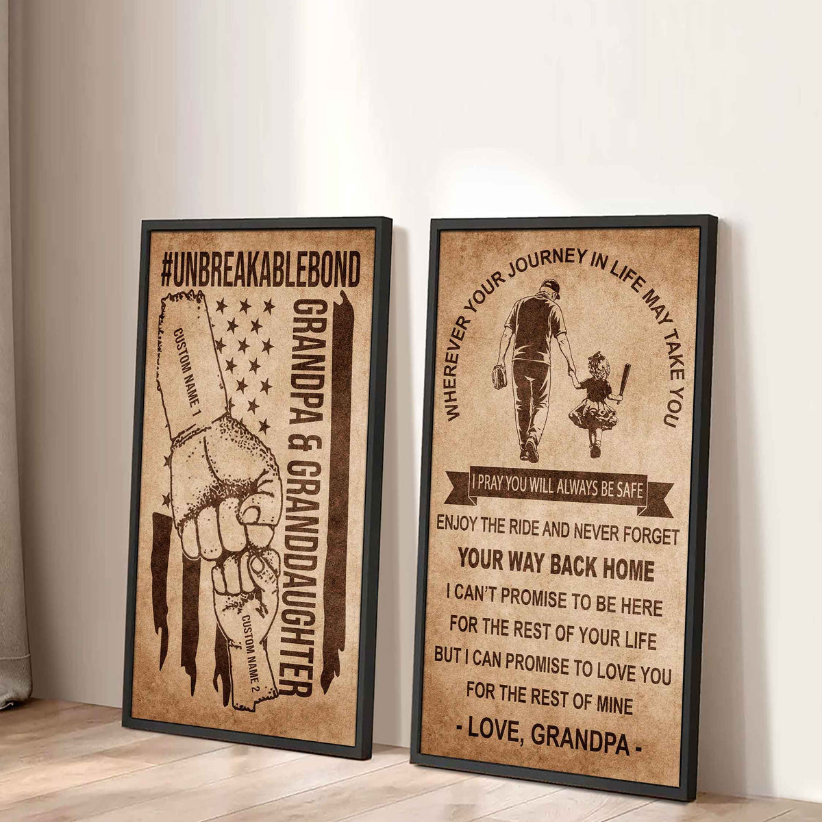 Grandpa And Granddaughter UnBreakable Bond - 2 Piece Canvas Wall Art Black Floating Frame - Never Forget Your Way Back Home