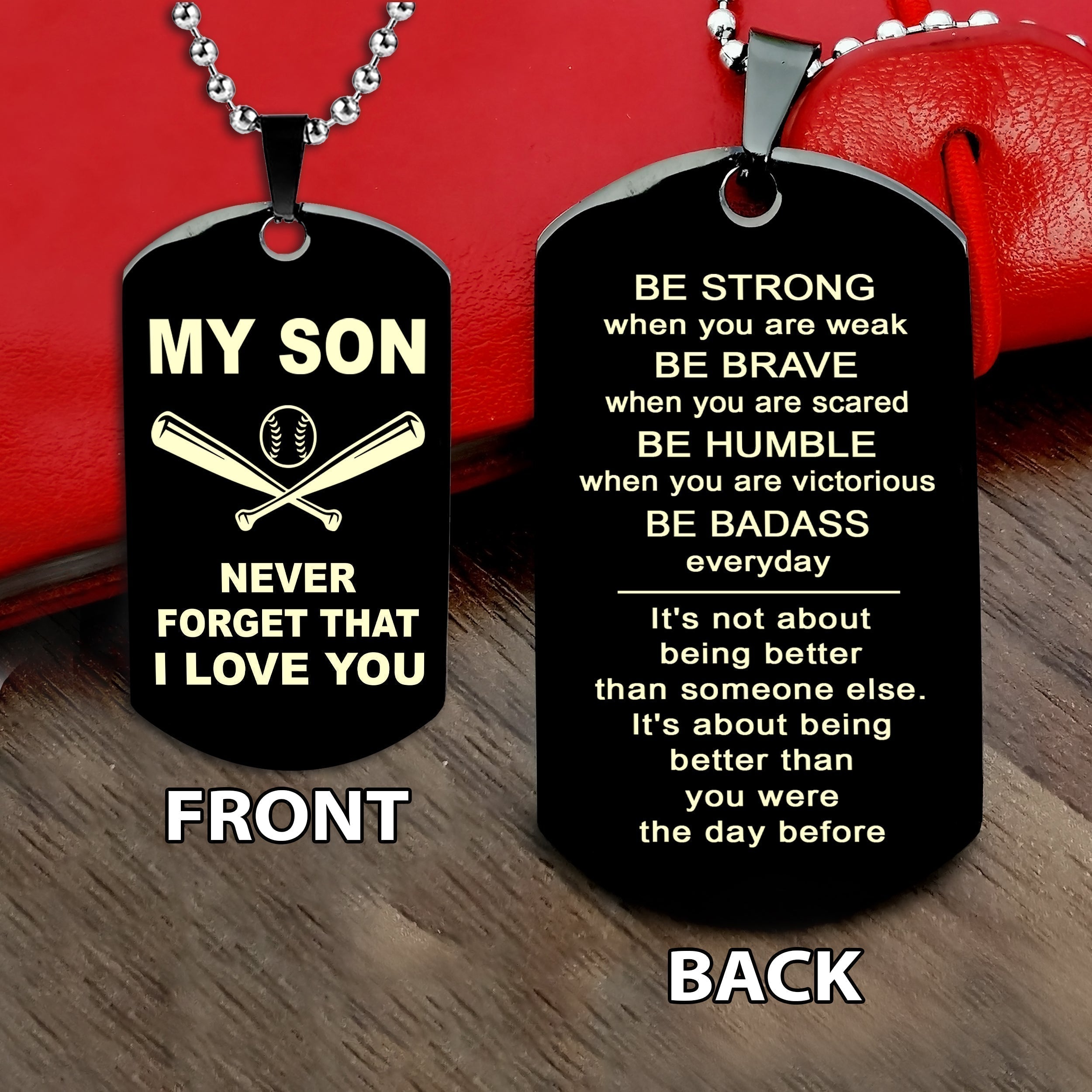 Baseball customizable engraved double sided dog tag gifts from dad mom to son