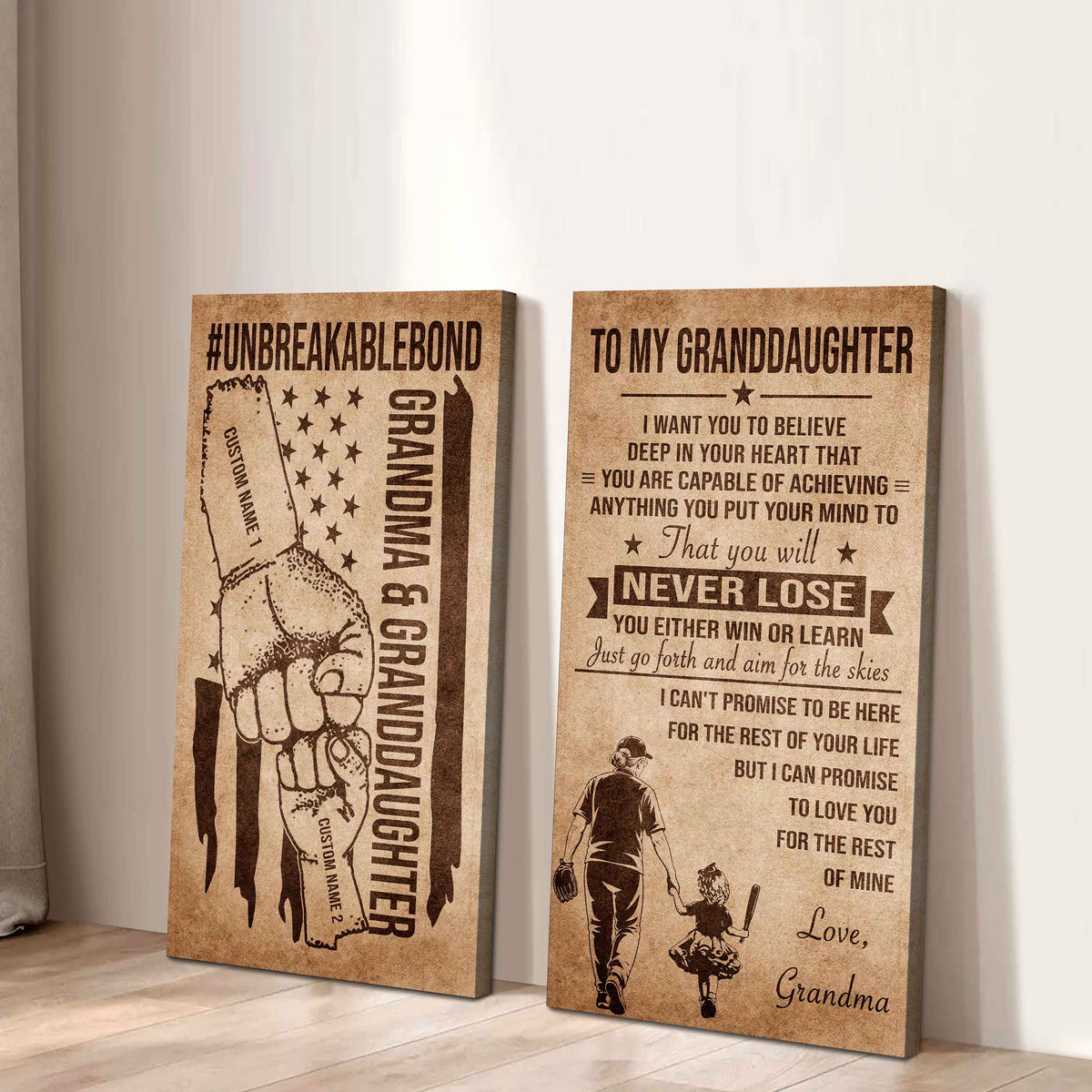 Grandma And Granddaughter UnBreakable Bond - 2 Piece Canvas Wall Art Black Floating Frame - You Will Never Lose You Either Win Or Learn