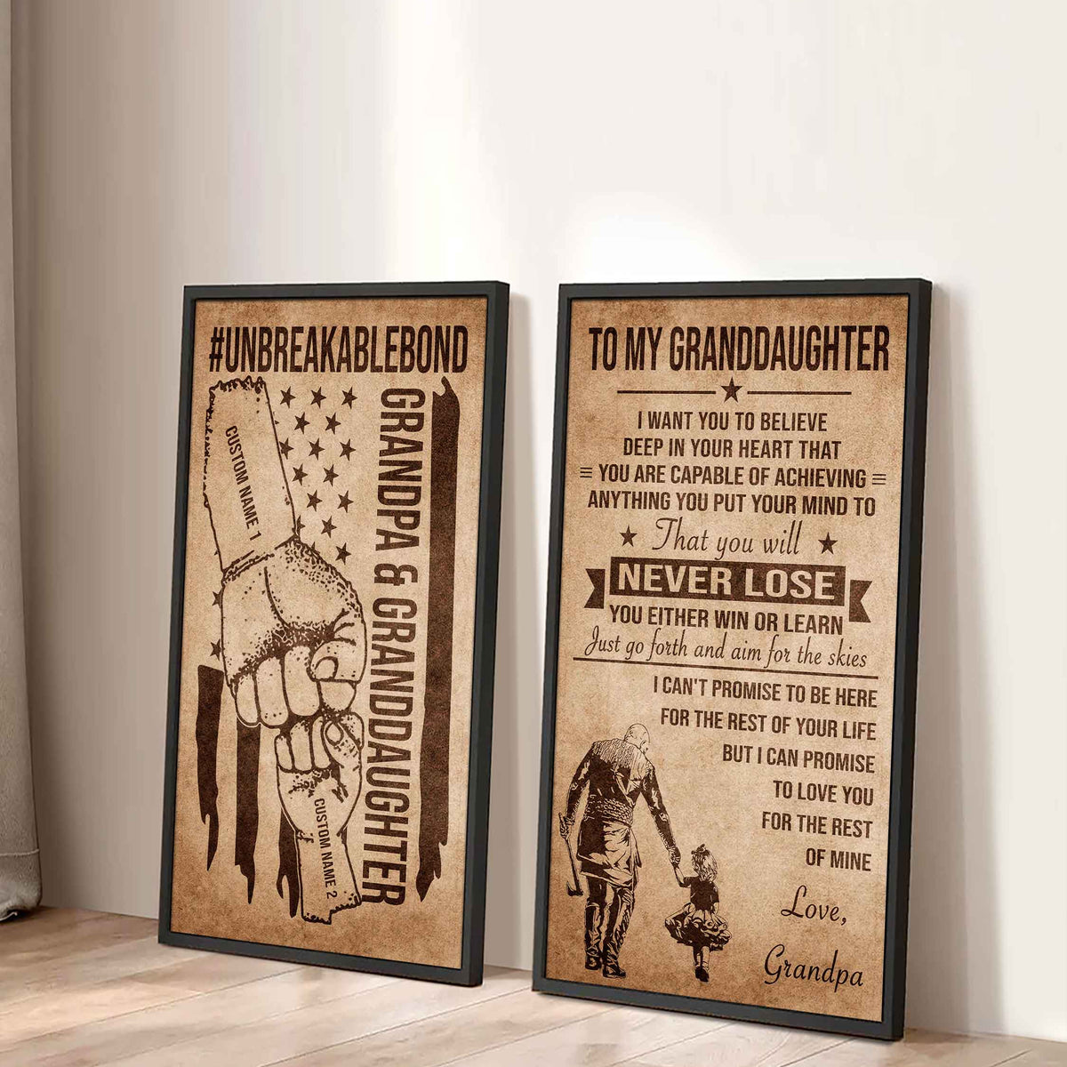 Grandpa And Granddaughter UnBreakable Bond - 2 Piece Canvas Wall Art Black Floating Frame - You Will Never Lose You Either Win Or Learn