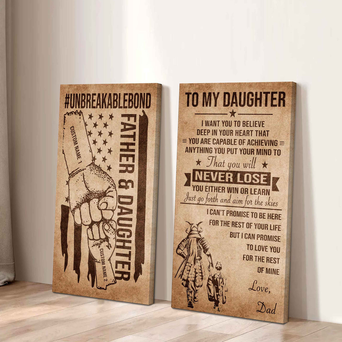 Father And Daughter UnBreakable Bond - 2 Piece Canvas Wall Art Black Floating Frame - You Will Never Lose You Either Win Or Learn Love Dad
