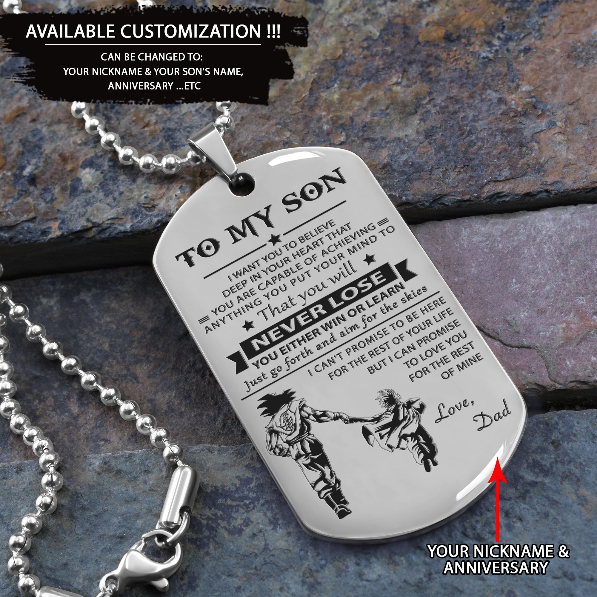 Customizable engraved black dog tag dad to son never lose