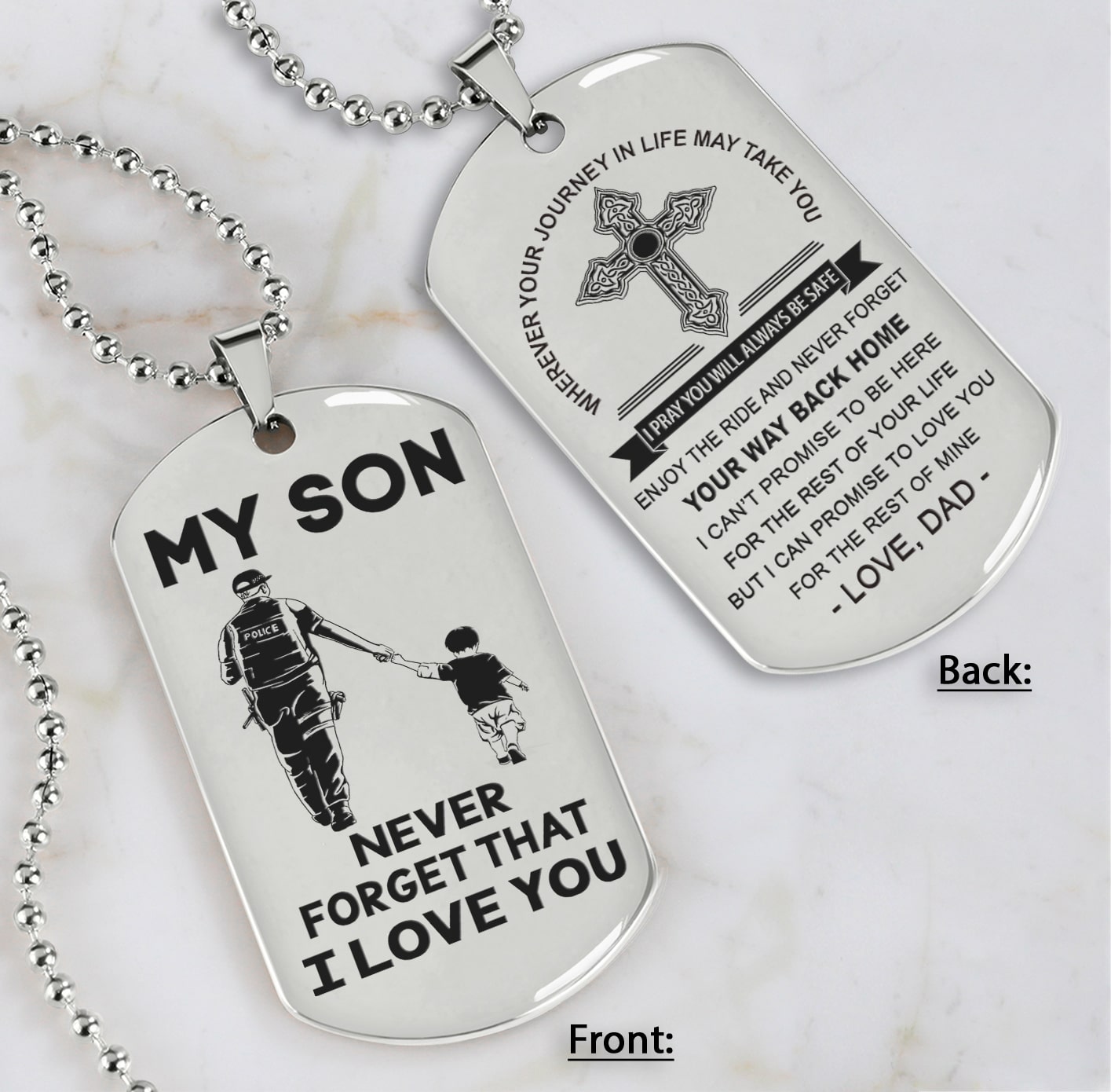 Cross Personalized Double Sided Dog Tag My Son Never Forget That I Love You - Message on the back side