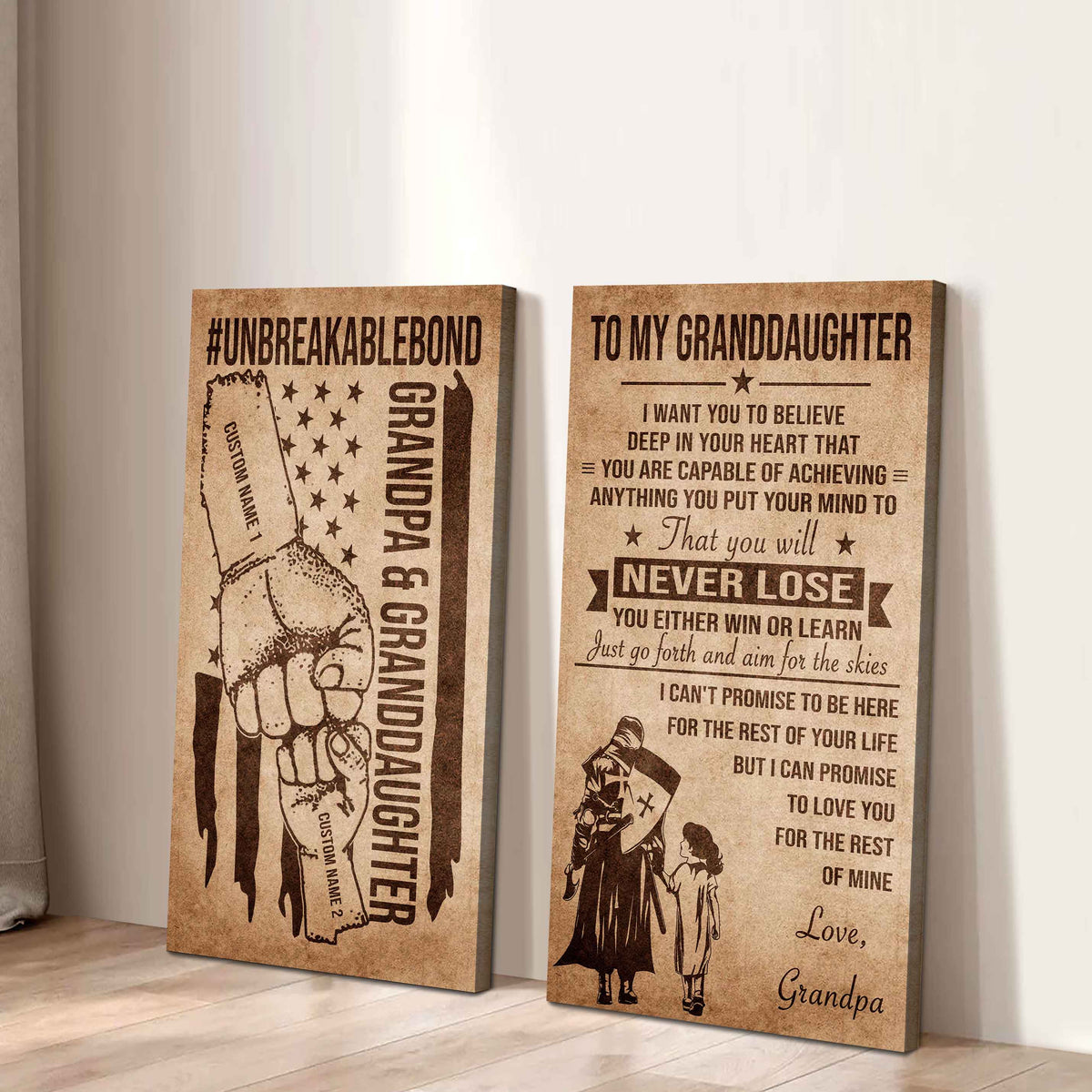 Grandpa And Granddaughter UnBreakable Bond - 2 Piece Canvas Wall Art Black Floating Frame - You Will Never Lose You Either Win Or Learn