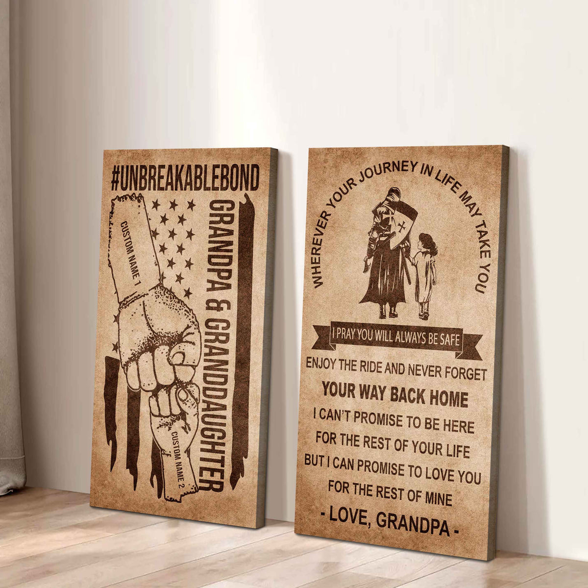 Grandpa And Granddaughter UnBreakable Bond - 2 Piece Canvas Wall Art Black Floating Frame - Never Forget Your Way Back Home