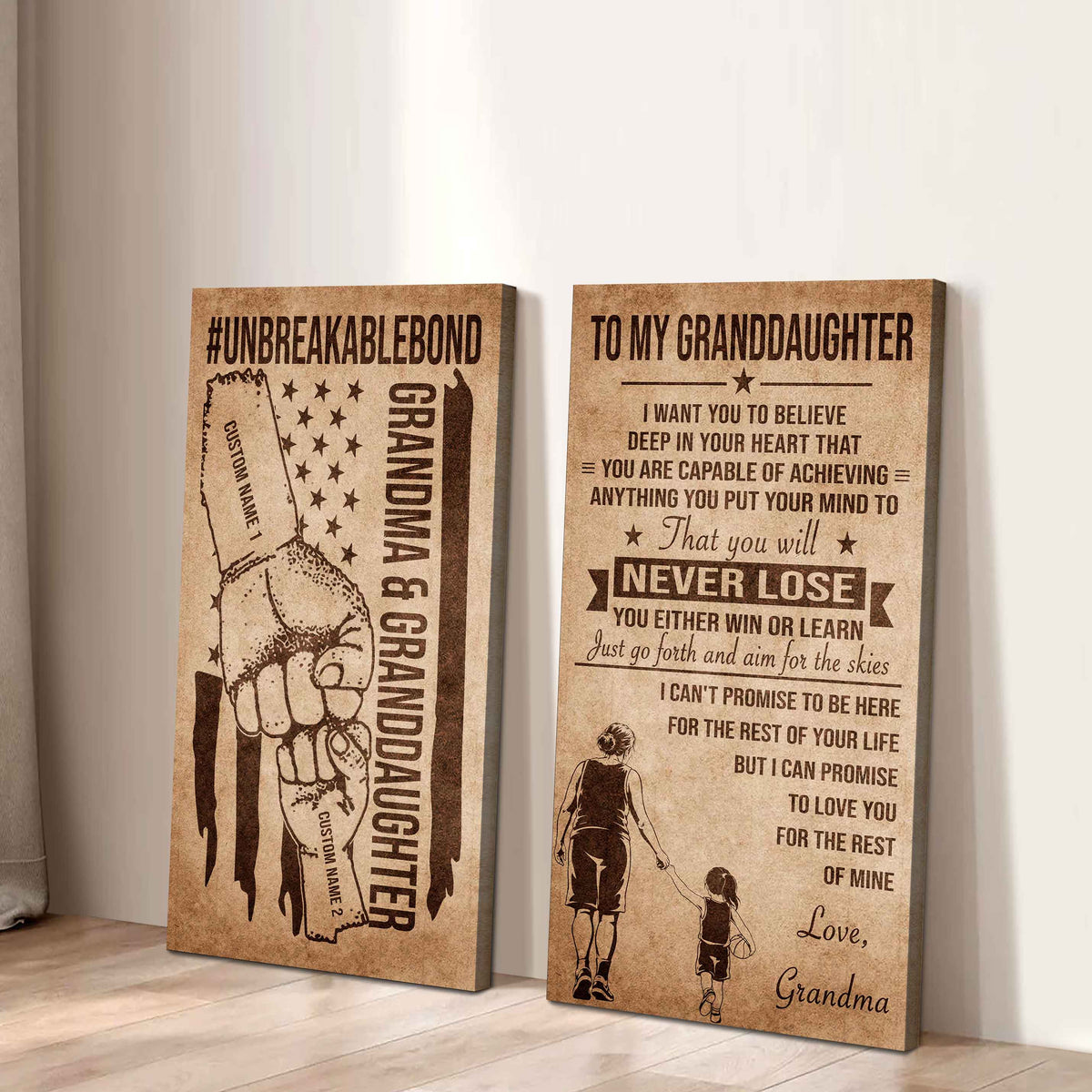 Grandma And Granddaughter UnBreakable Bond - 2 Piece Canvas Wall Art Black Floating Frame - You Will Never Lose You Either Win Or Learn