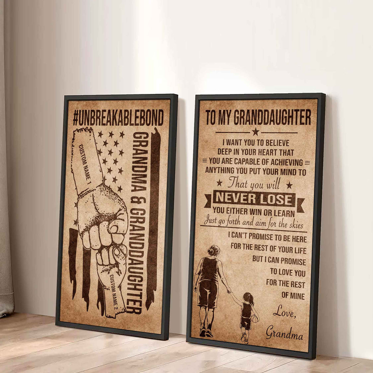 Grandma And Granddaughter UnBreakable Bond - 2 Piece Canvas Wall Art Black Floating Frame - You Will Never Lose You Either Win Or Learn