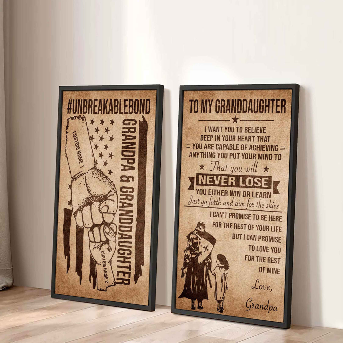 Grandpa And Granddaughter UnBreakable Bond - 2 Piece Canvas Wall Art Black Floating Frame - You Will Never Lose You Either Win Or Learn