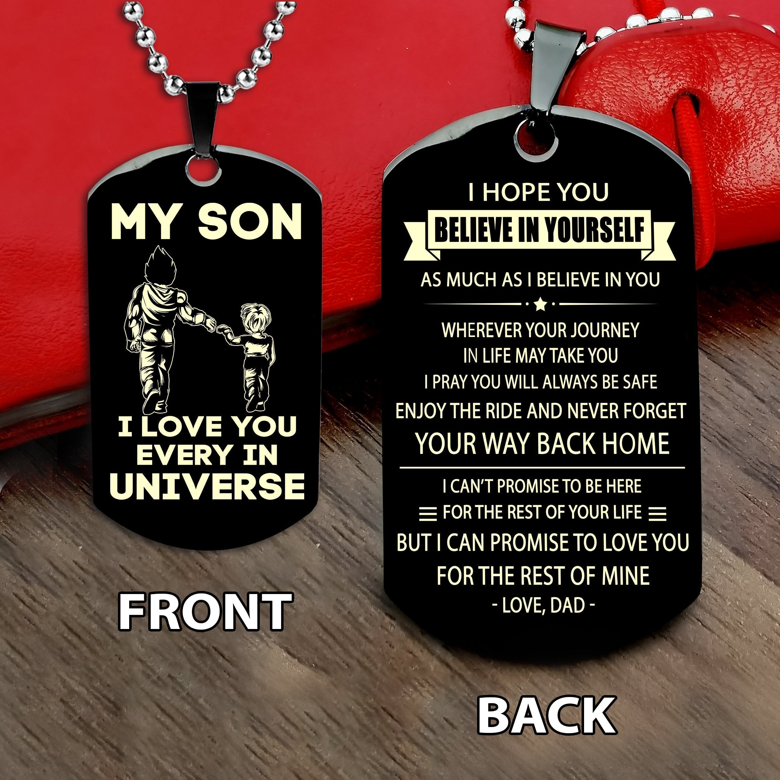 To my son double sided dog tag gift from dad to son , I love you in every universe Way back home