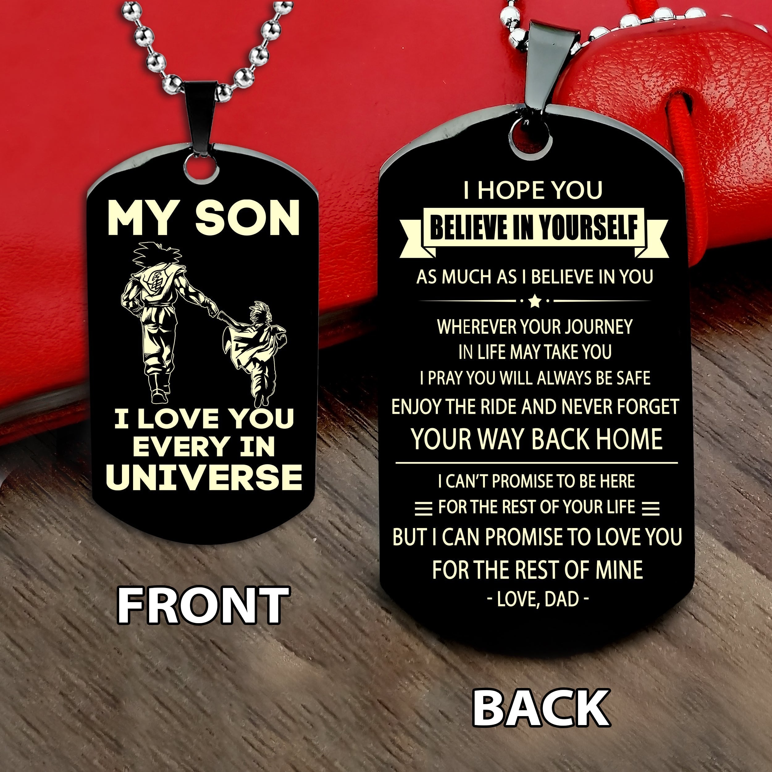 To my son double sided dog tag gift from dad to son , I love you in every universe Way back home