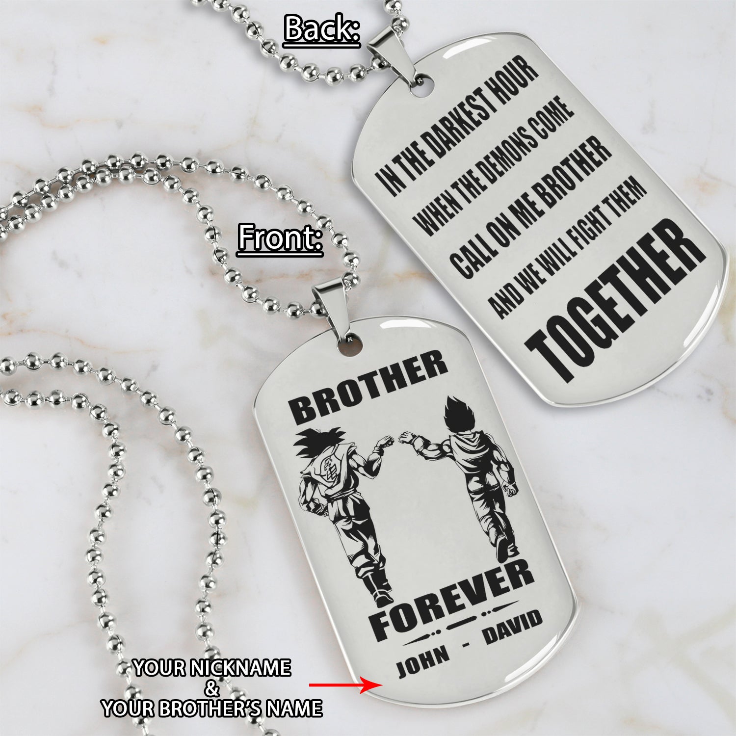 OP engraved double sided dog tag gift from brother, In the darkest hour, When the demons come call on me brother and we will fight them together, brother forever