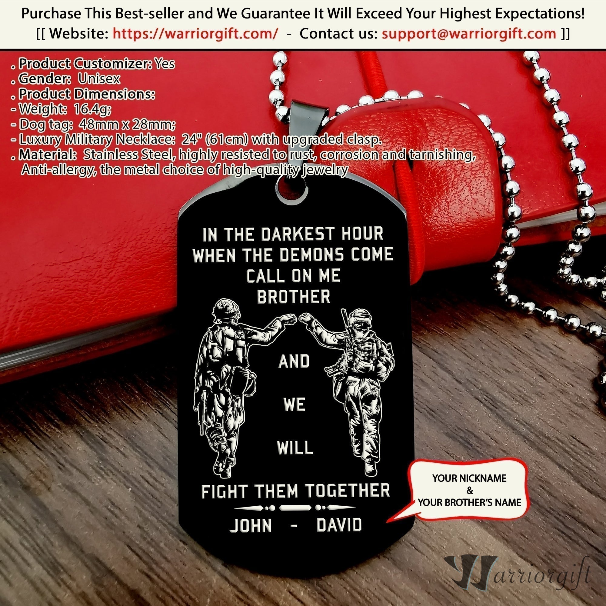 Viking Customizable engraved brother dog tag gift from brother, In the darkest hour, When the demons come call on me brother and we will fight them together