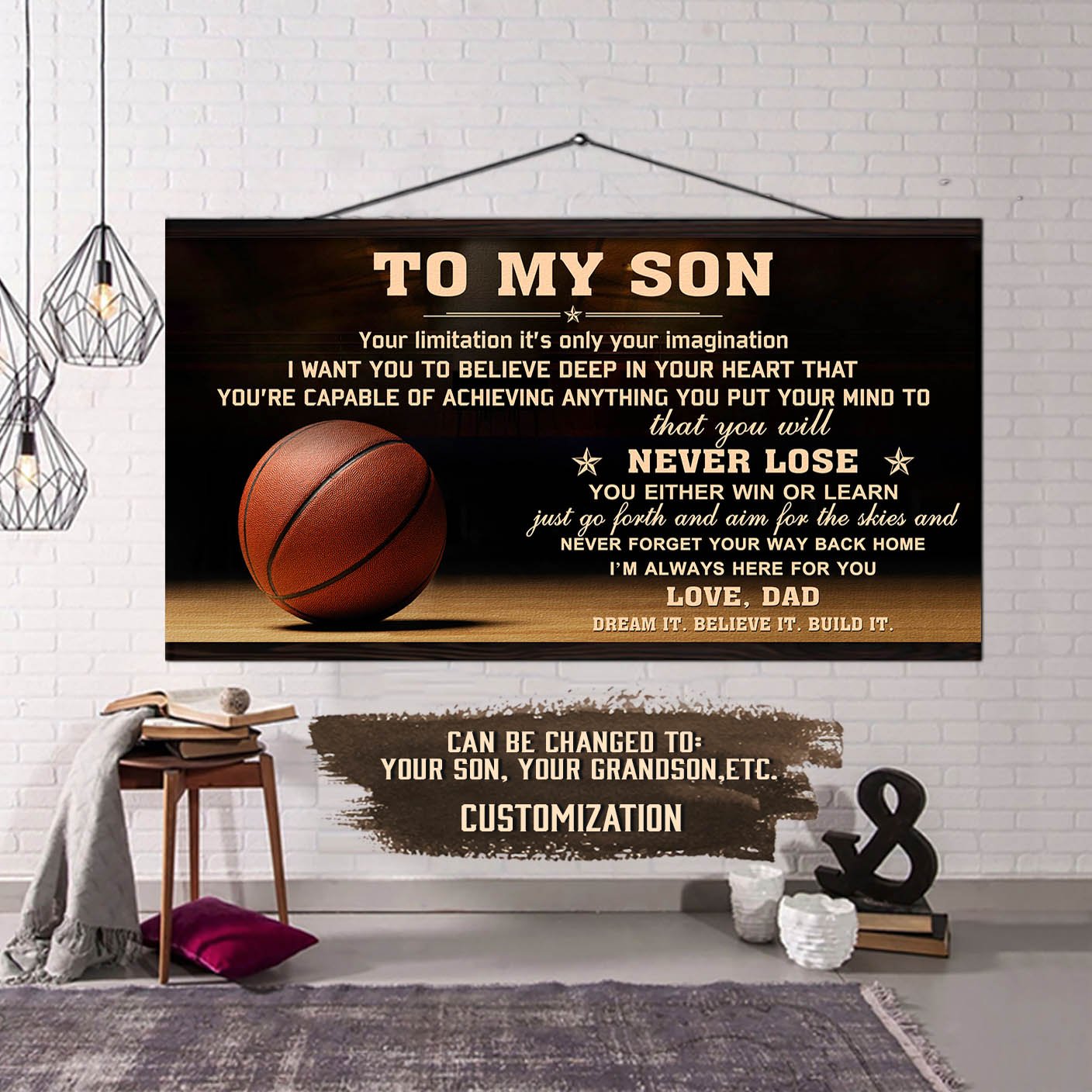 Customizable basketball poster – dad to son – never lose