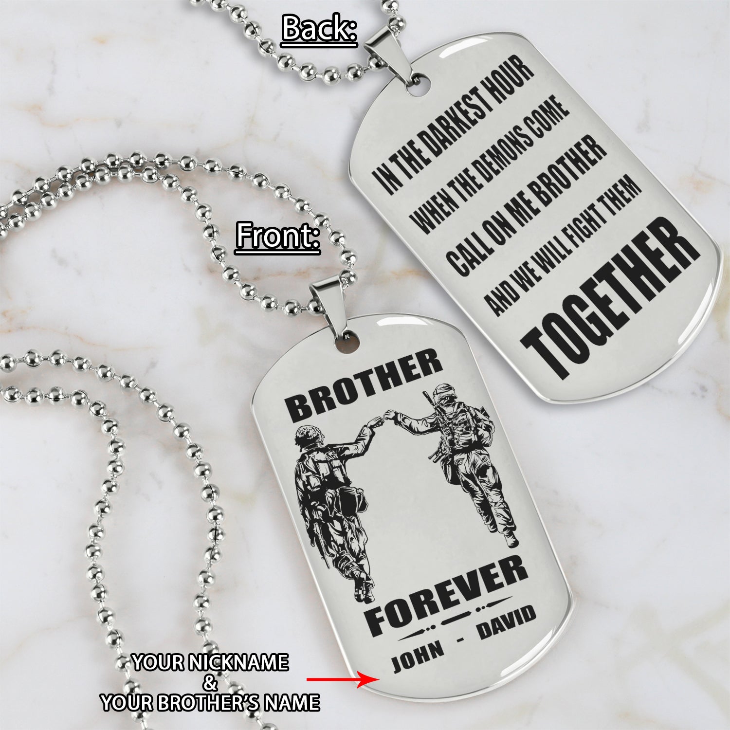 Soldier customizable engraved black dog tag double sided gift from brother, brother forever