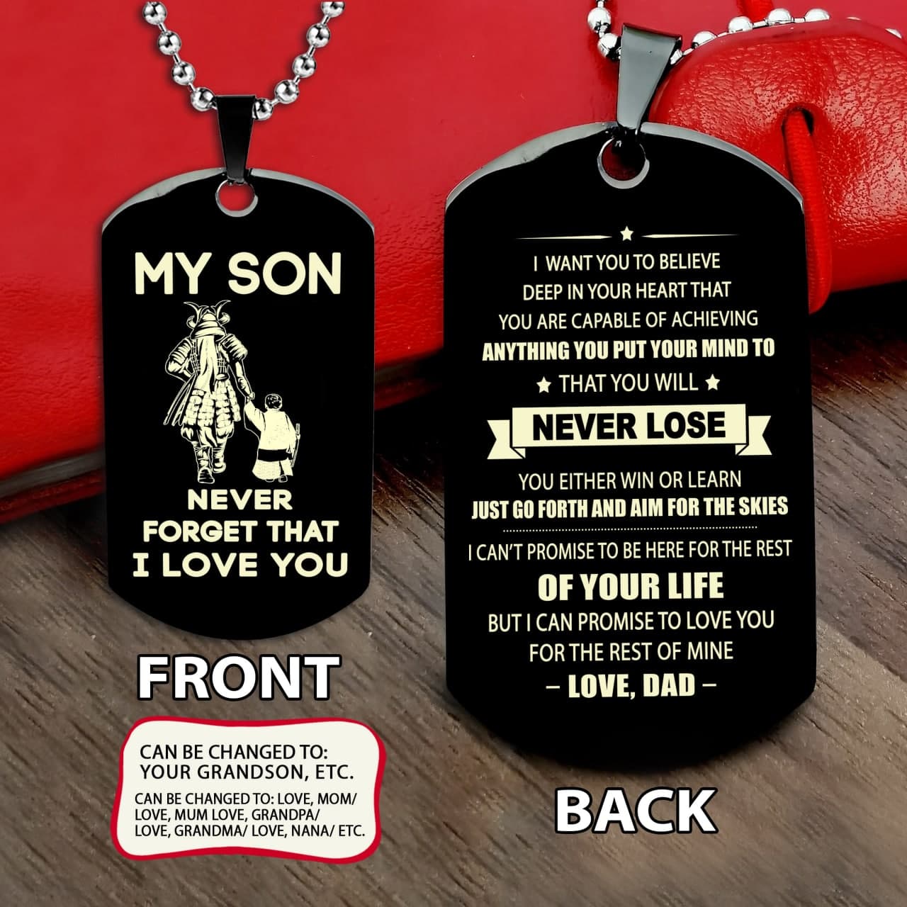 Samurai customizable engraved dog tag, gifts from dad mom to son- Be the nice kid