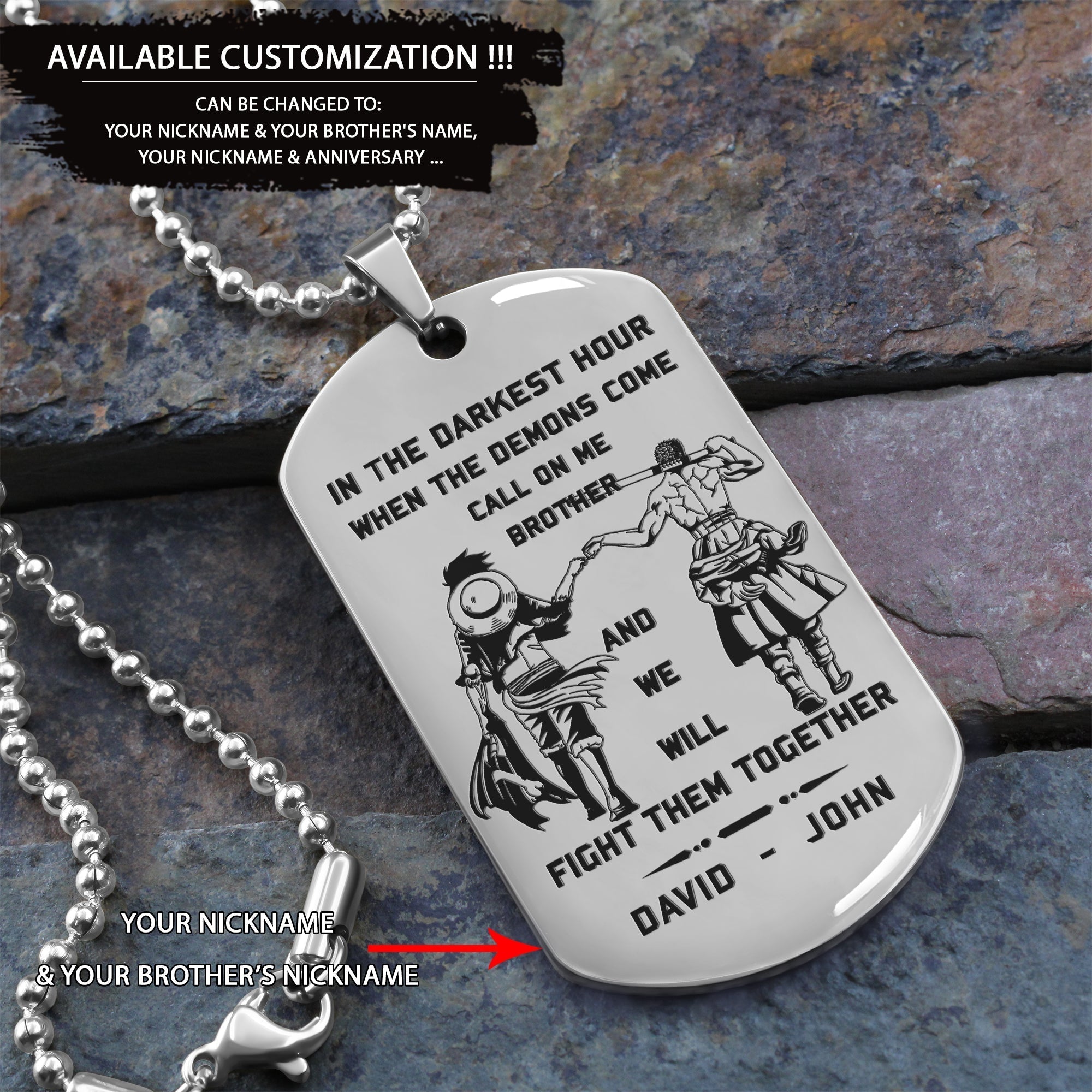 Spartan Customizable engraved brother dog tag gift from brother, In the darkest hour, When the demons come call on me brother and we will fight them together