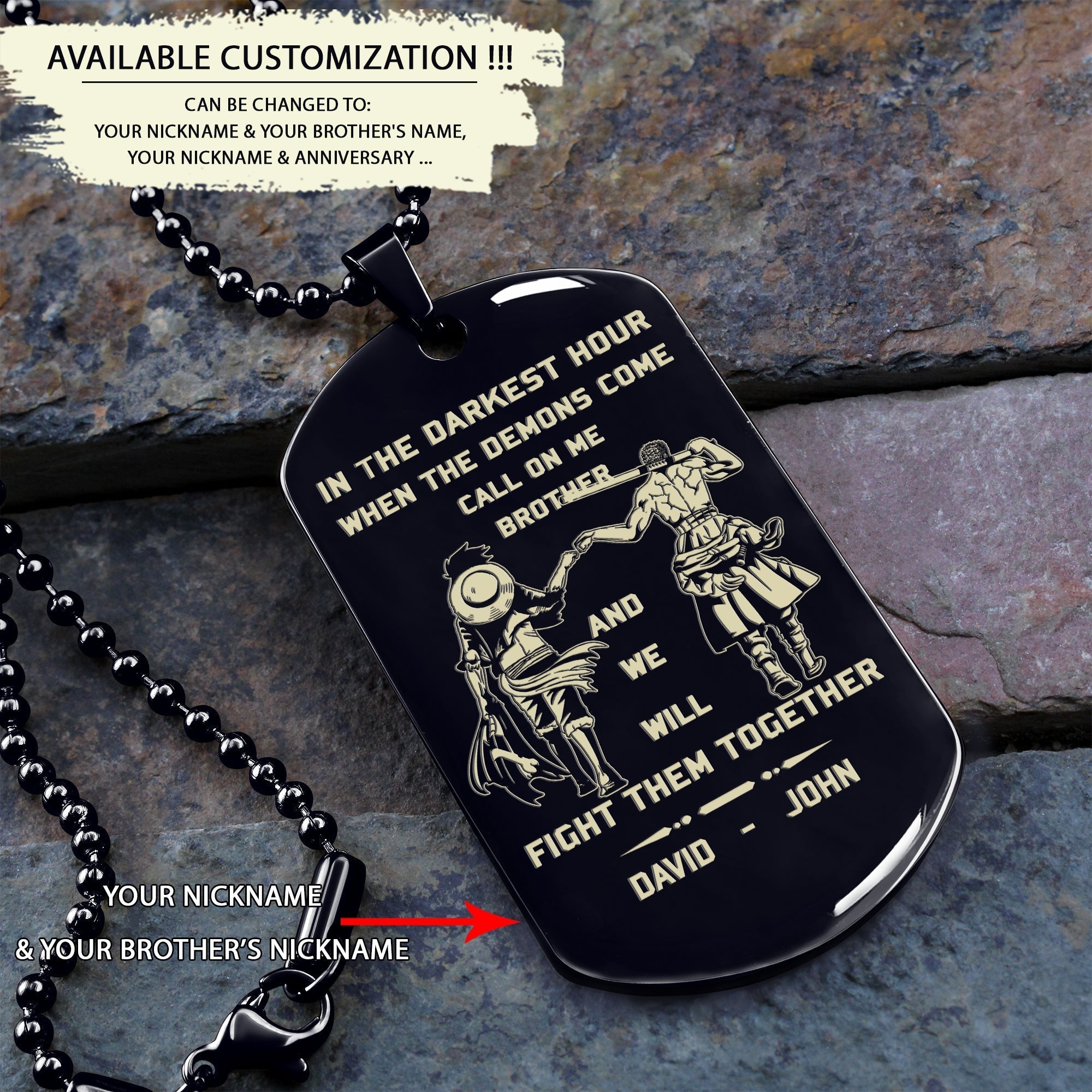 Biker Customizable engraved brother dog tag gift from brother, In the darkest hour, When the demons come call on me brother and we will fight them together